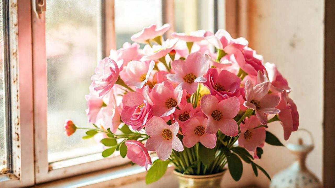 Un ramo floral vintage ilumina la ventana