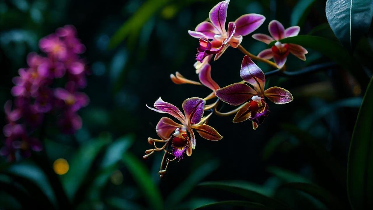 Orquídeas exóticas en un bosque dramático
