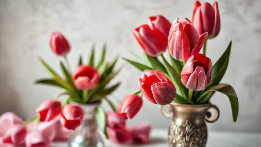 Tulipanes rojos y rosas evocan elegancia victoriana