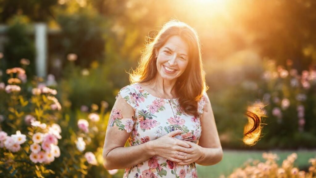 Madre sonriente disfruta un jardín cálido