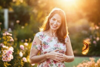 Madre sonriente disfruta un jardín cálido