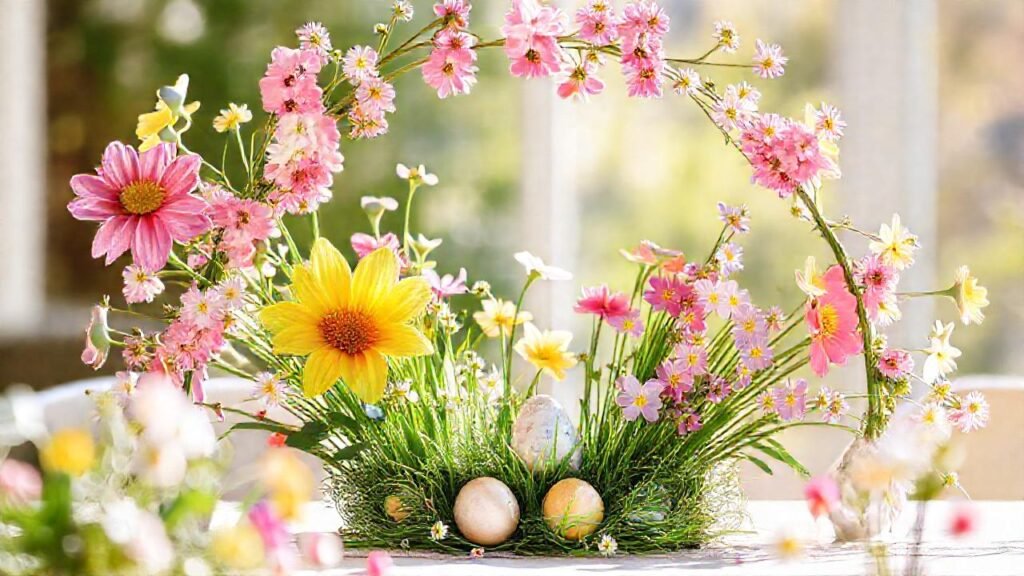 Flores de Pascua iluminan un arreglo festivo