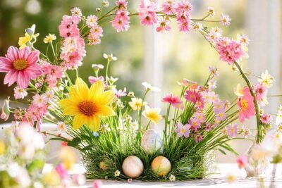 Flores de Pascua iluminan un arreglo festivo