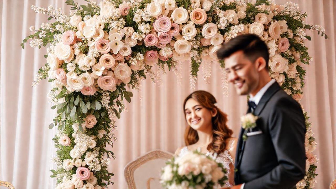 Arreglo floral elegante para boda feliz