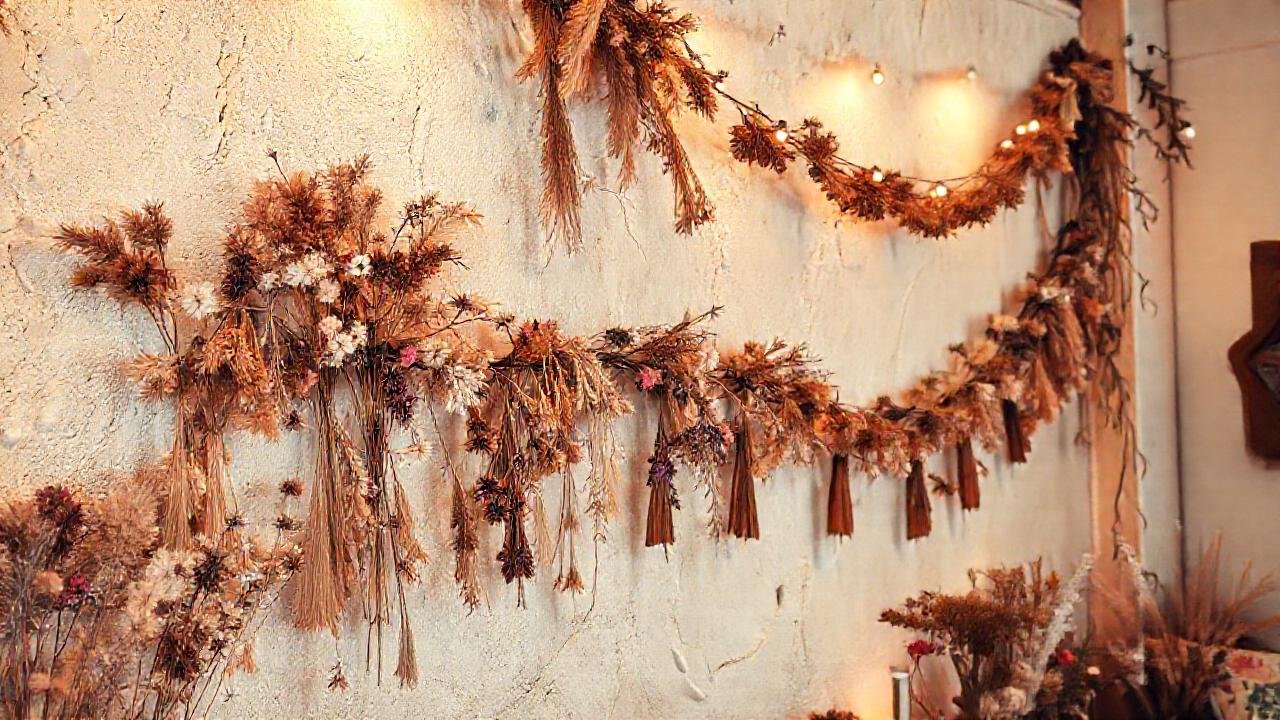 Pared bohemia, flores secas y ensueño