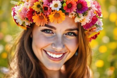 Mujer sonríe con corona floral vibrante