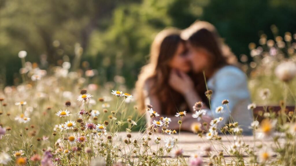 Pareja romántica en un paisaje suave