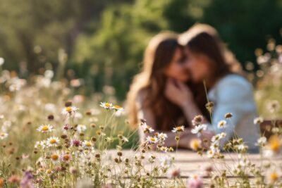 Pareja romántica en un paisaje suave