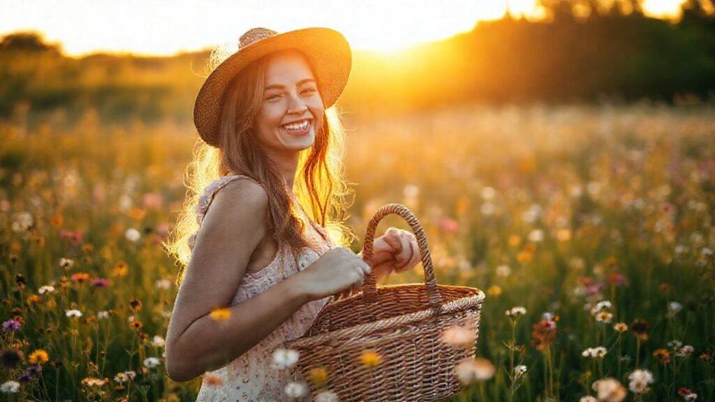 Mujer feliz en prado dorado y vibrante