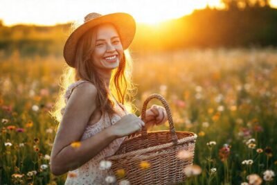 Mujer feliz en prado dorado y vibrante