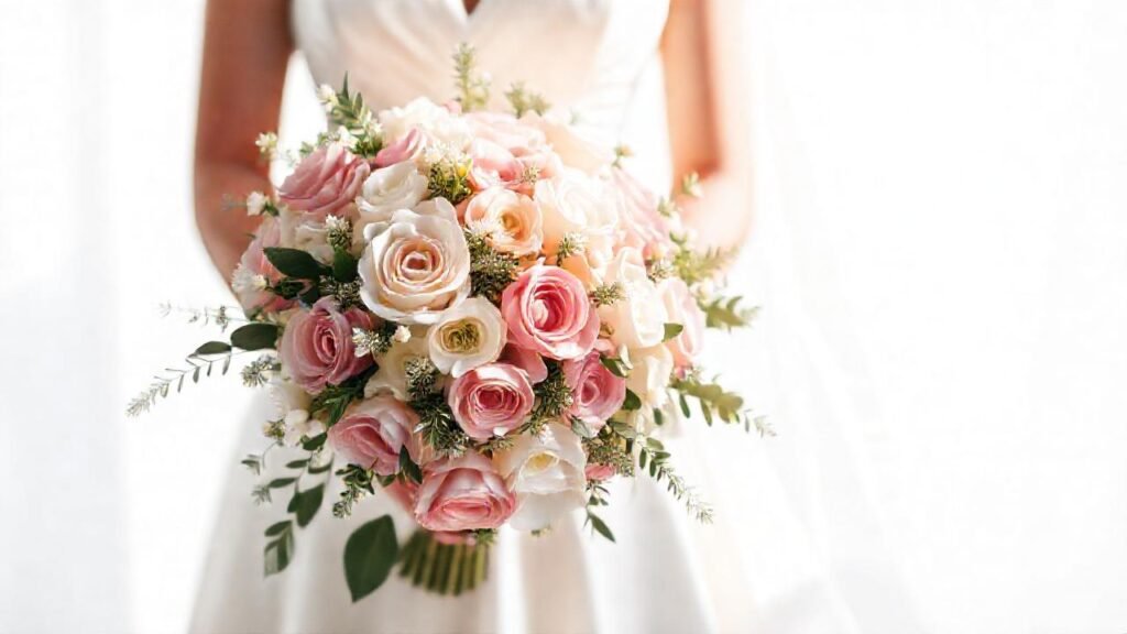 Una hermosa novia con ramo floral