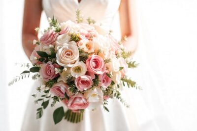 Una hermosa novia con ramo floral