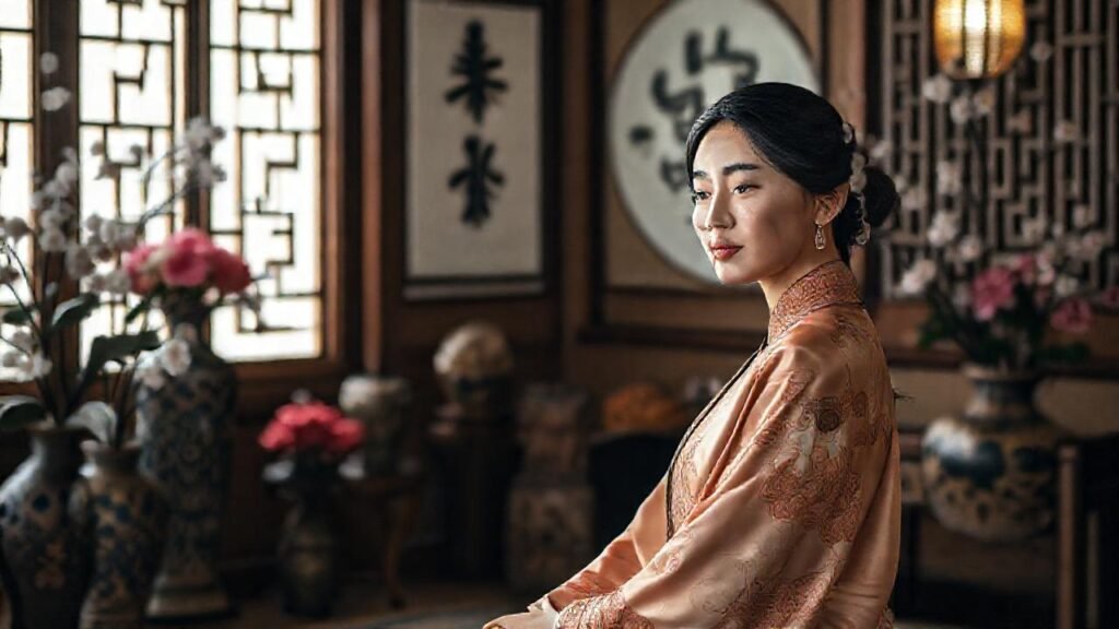 Una mujer serena irradia paz en su sala