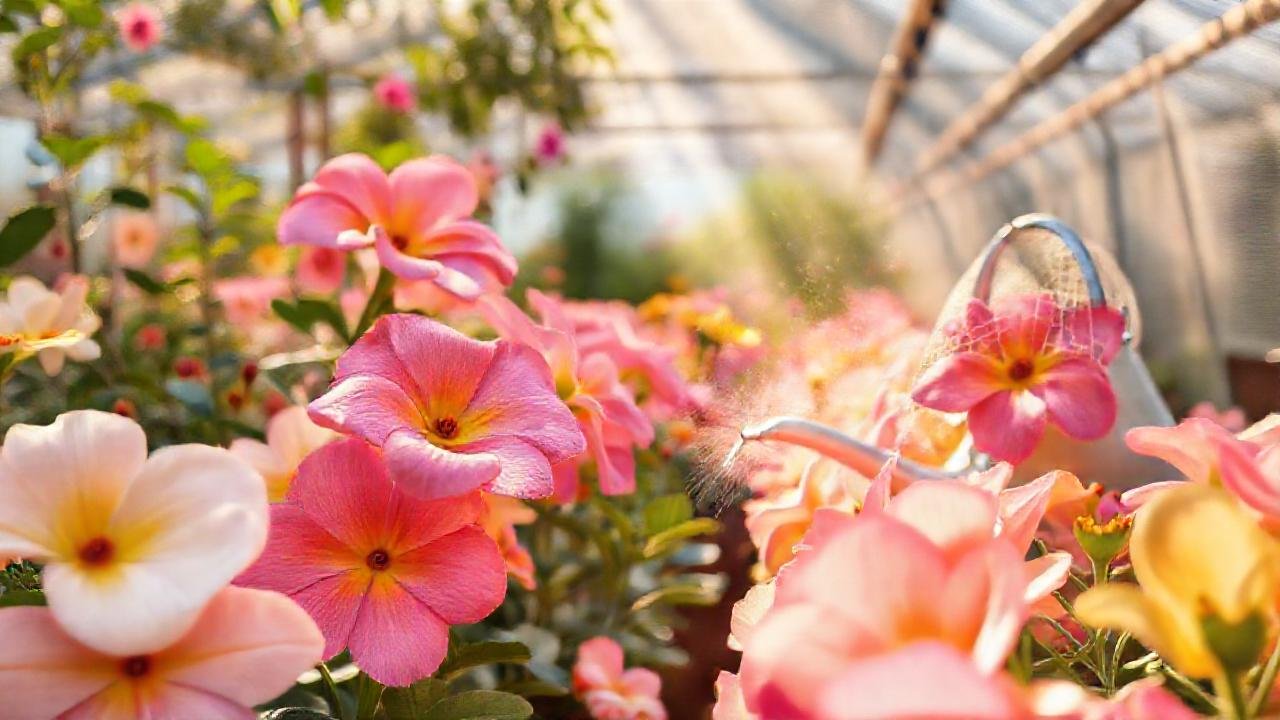 Flores de pastel en invernadero soleado
