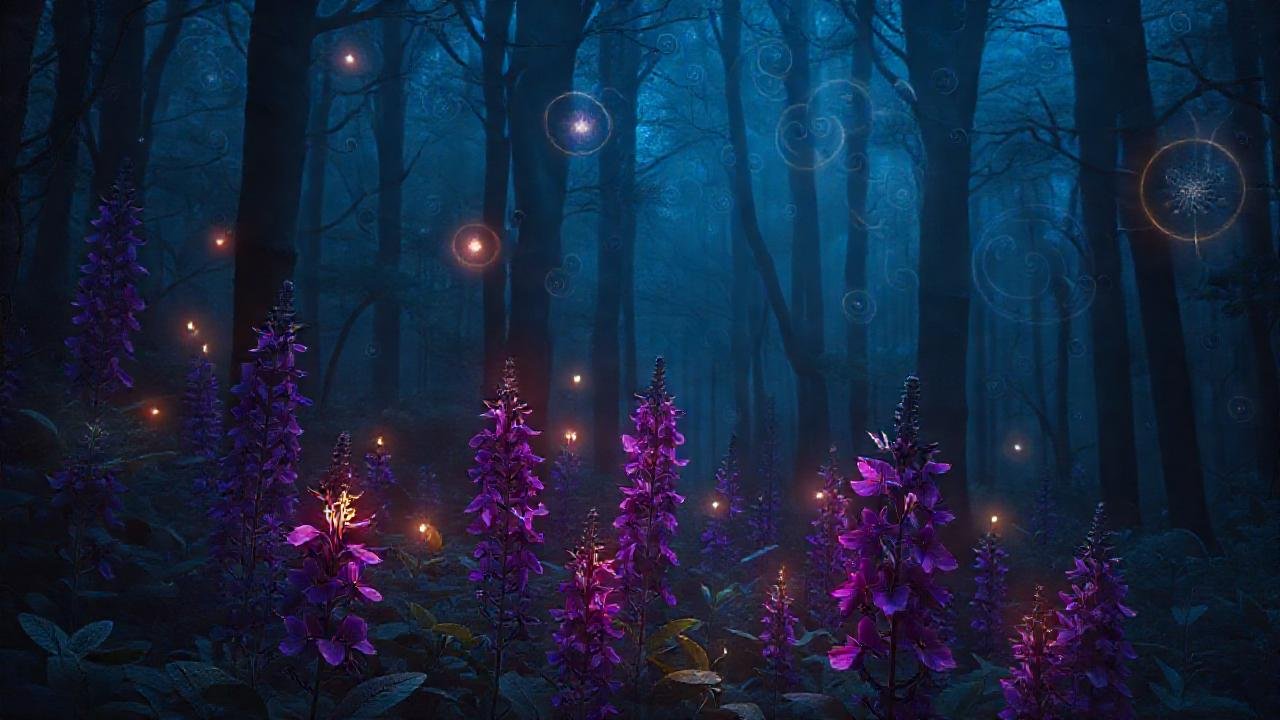 Bosque místico, luz y energía vibrantes