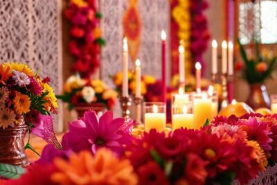 Ofrenda mexicana vibrante y colorida