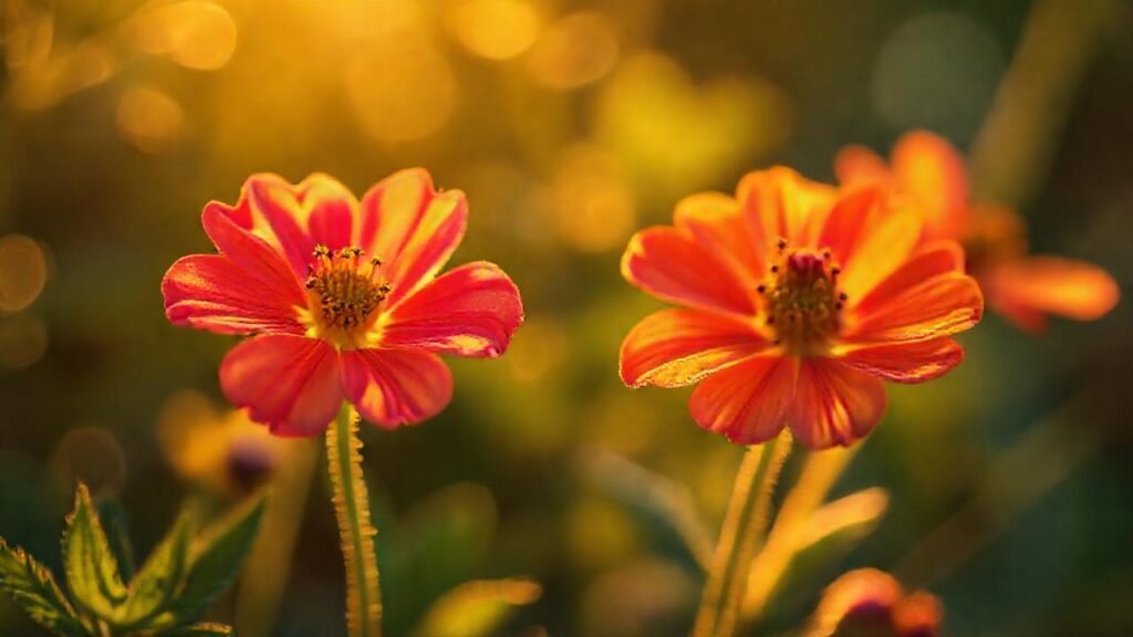 Flores comestibles vibrantes en luz dorada