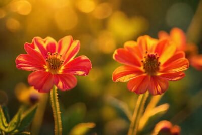Flores comestibles vibrantes en luz dorada
