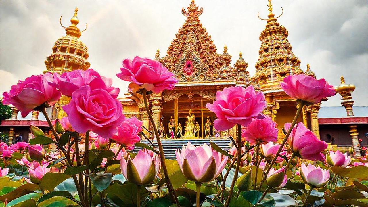Rosas rosadas, templo hindú, celebración simbólica