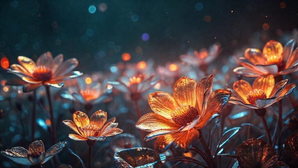 Flores metálicas surrealistas brillan en la oscuridad