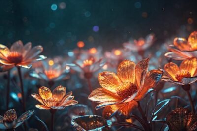 Flores metálicas surrealistas brillan en la oscuridad
