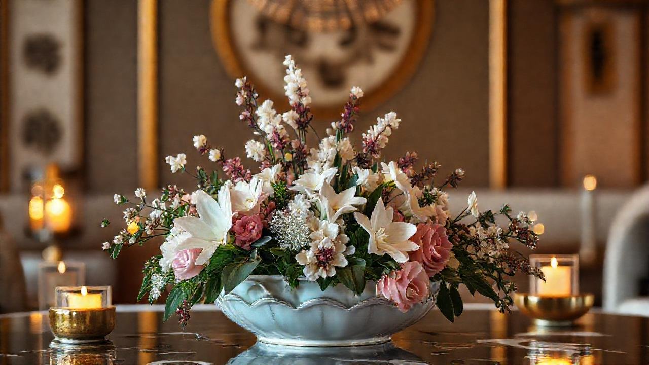 Un arreglo floral lujoso evoca prosperidad serena