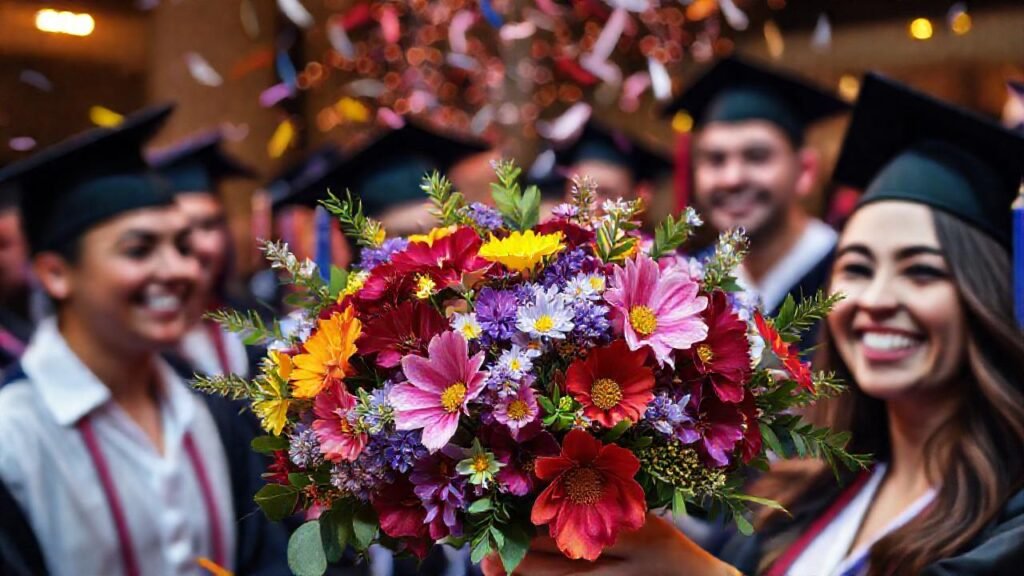 Graduados felices con ramo vibrante