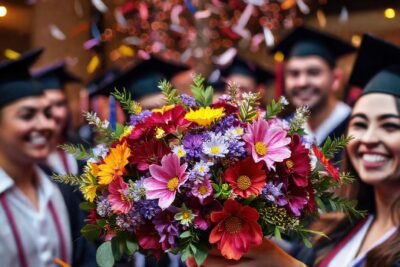 Graduados felices con ramo vibrante