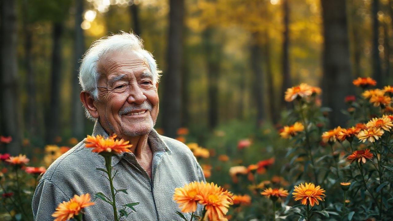 Un anciano sonríe entre flores serenas