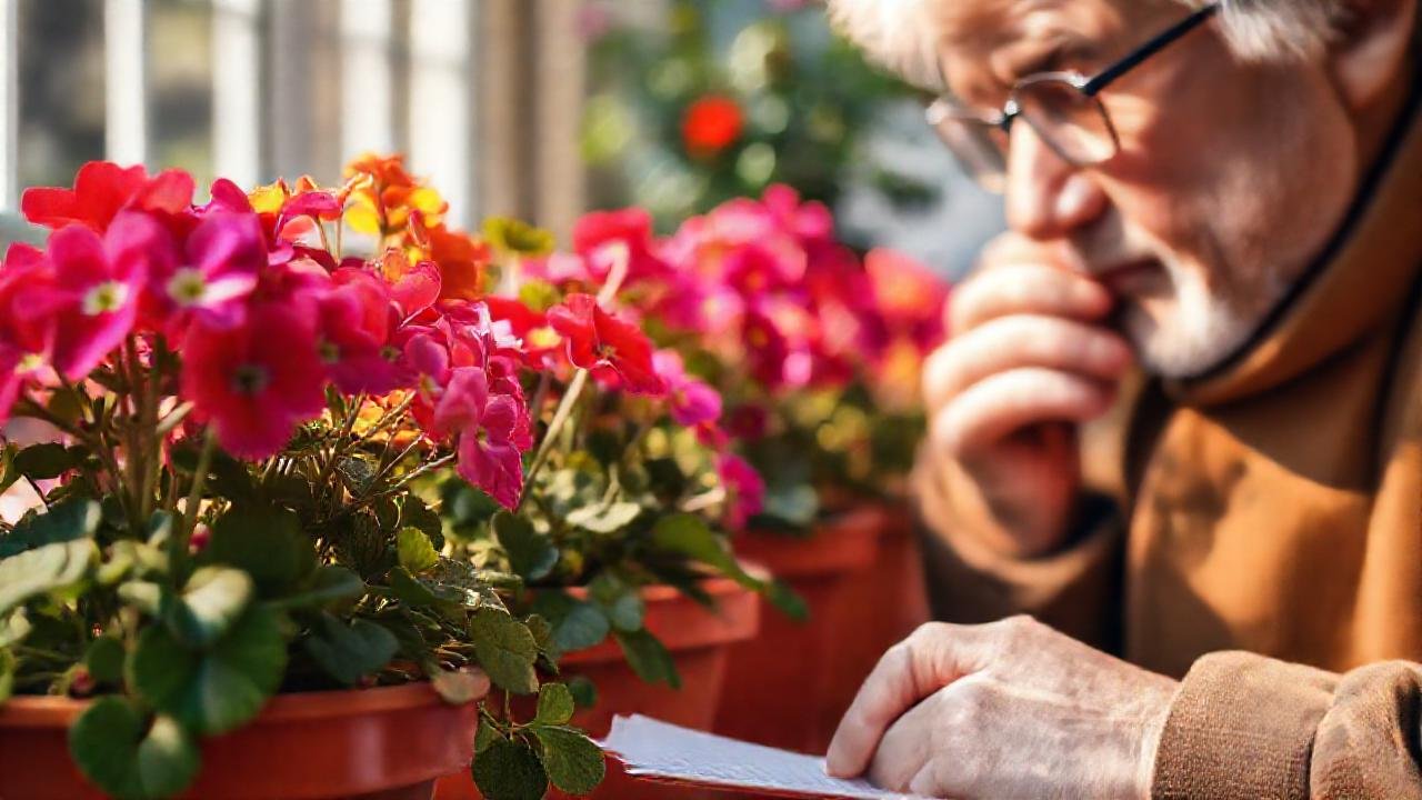 Un profesor reflexivo observa geranios vibrantes