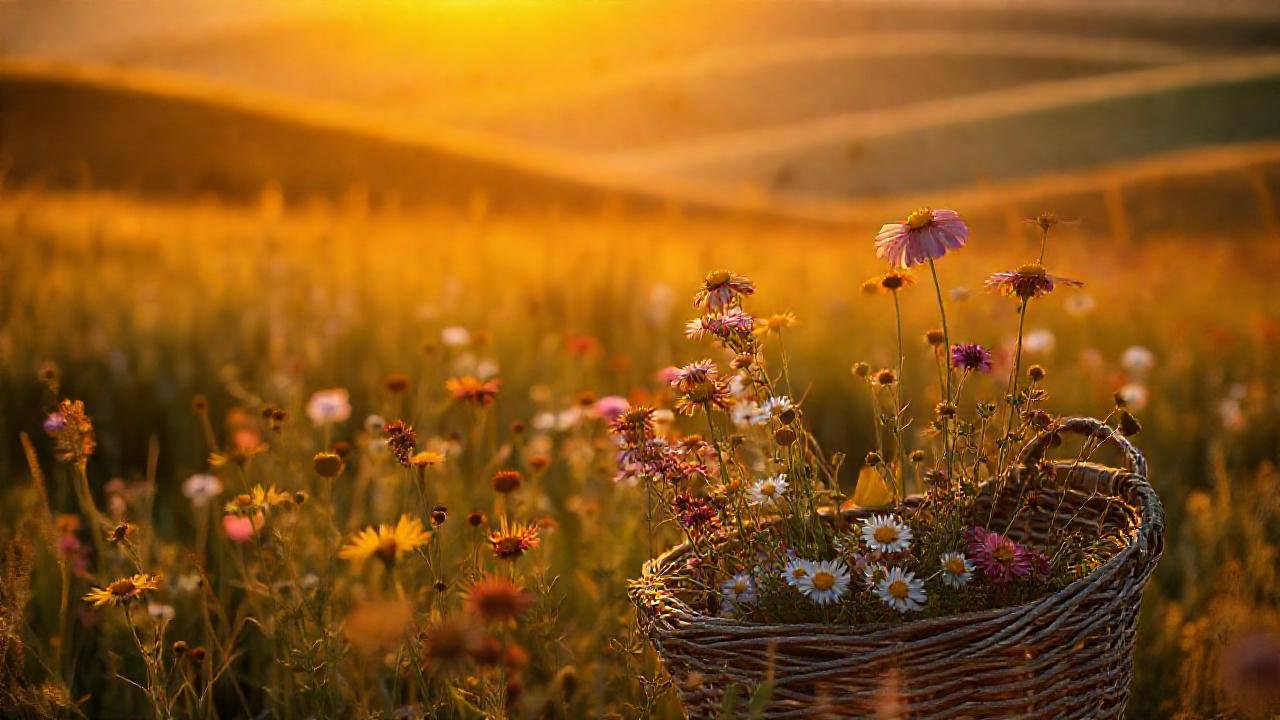 Flores silvestres en luz dorada