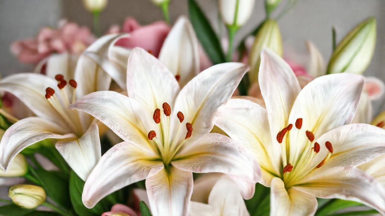 Líneas elegantes, lirios pastel, delicado regalo