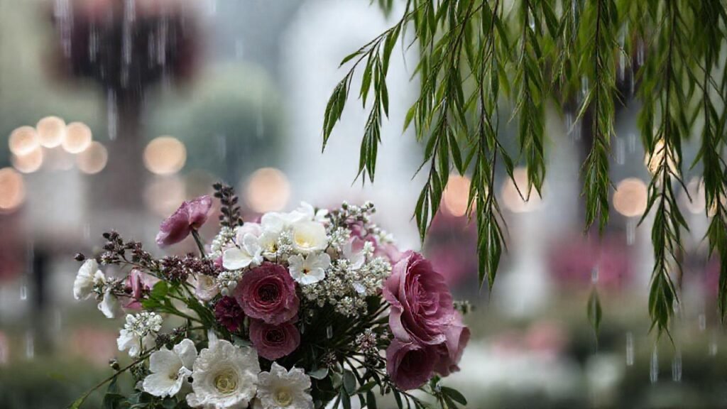 Un arreglo floral triste en la lluvia
