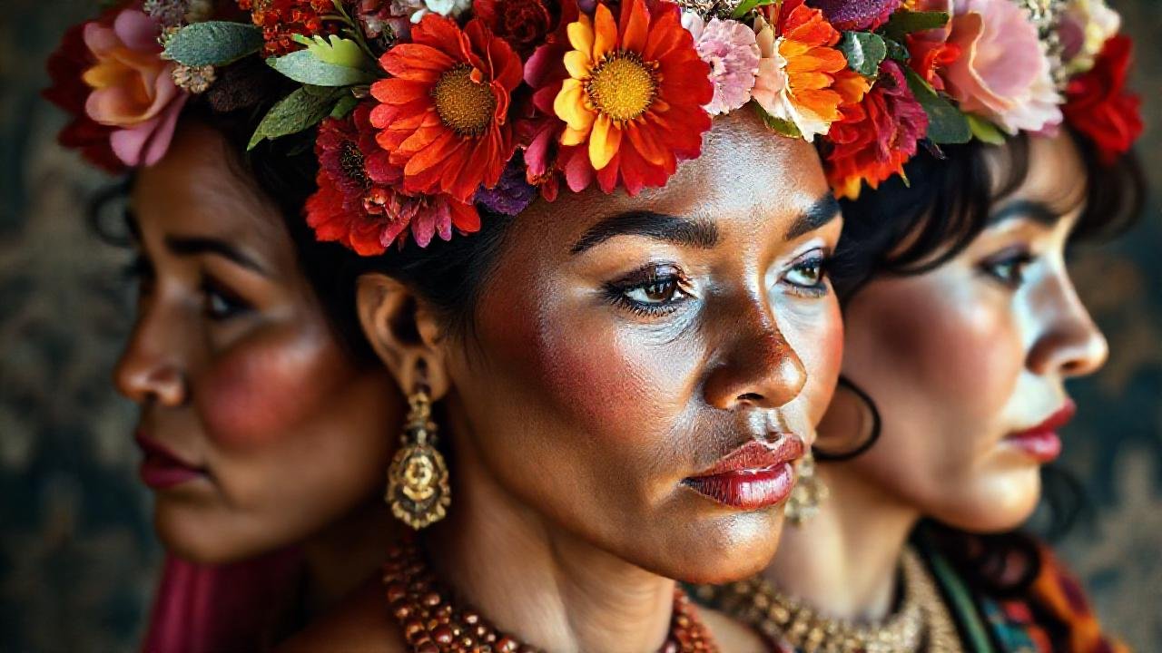 Mujeres diversas en corona floral simbólica