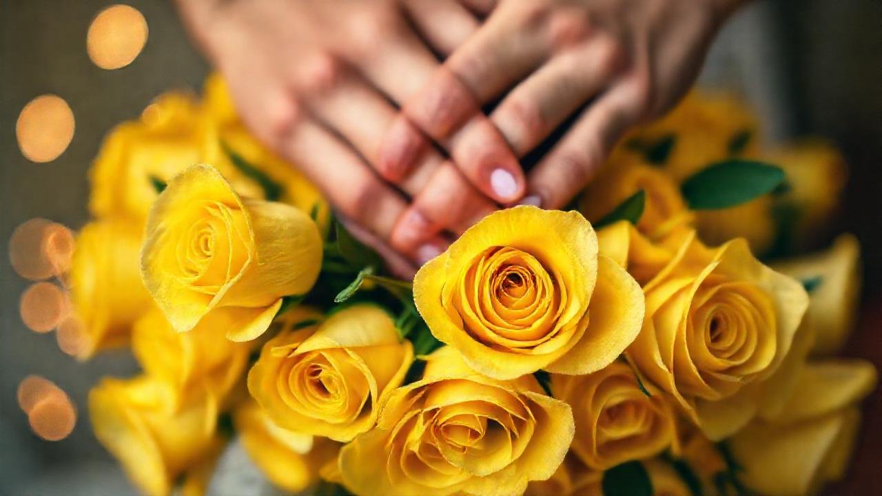 Rosas amarillas románticas en mano entrelazada