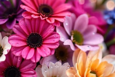 Alegre arreglo floral en foco suave