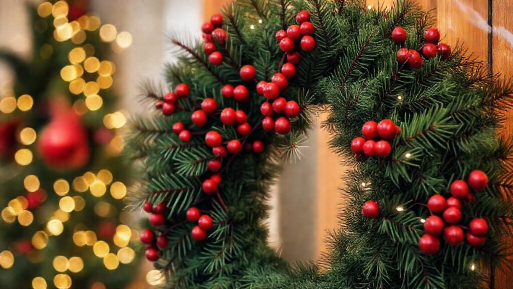 Un ramo navideño brilla cálidamente y alegremente