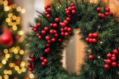 Un ramo navideño brilla cálidamente y alegremente