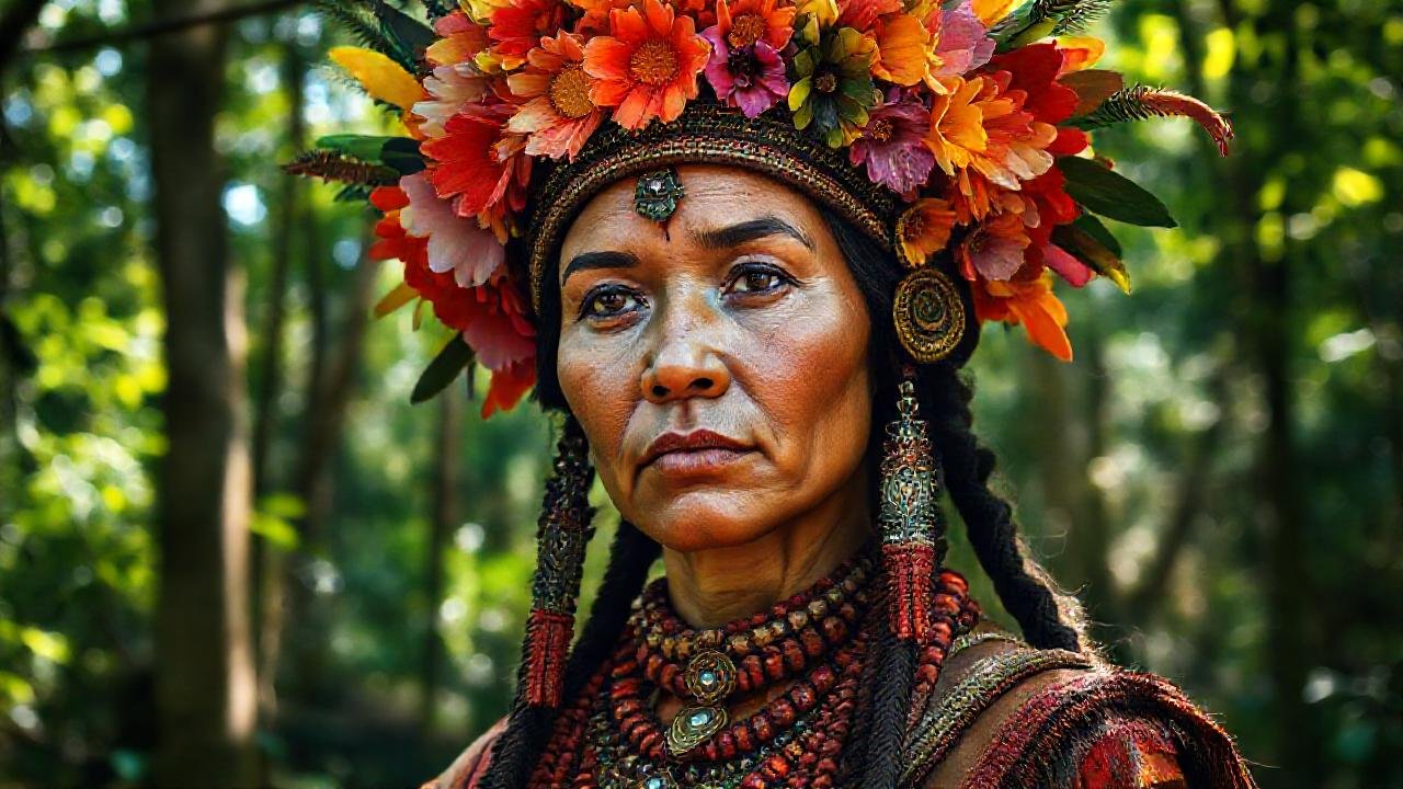 Mujer indígena ancestral, radiante y serena