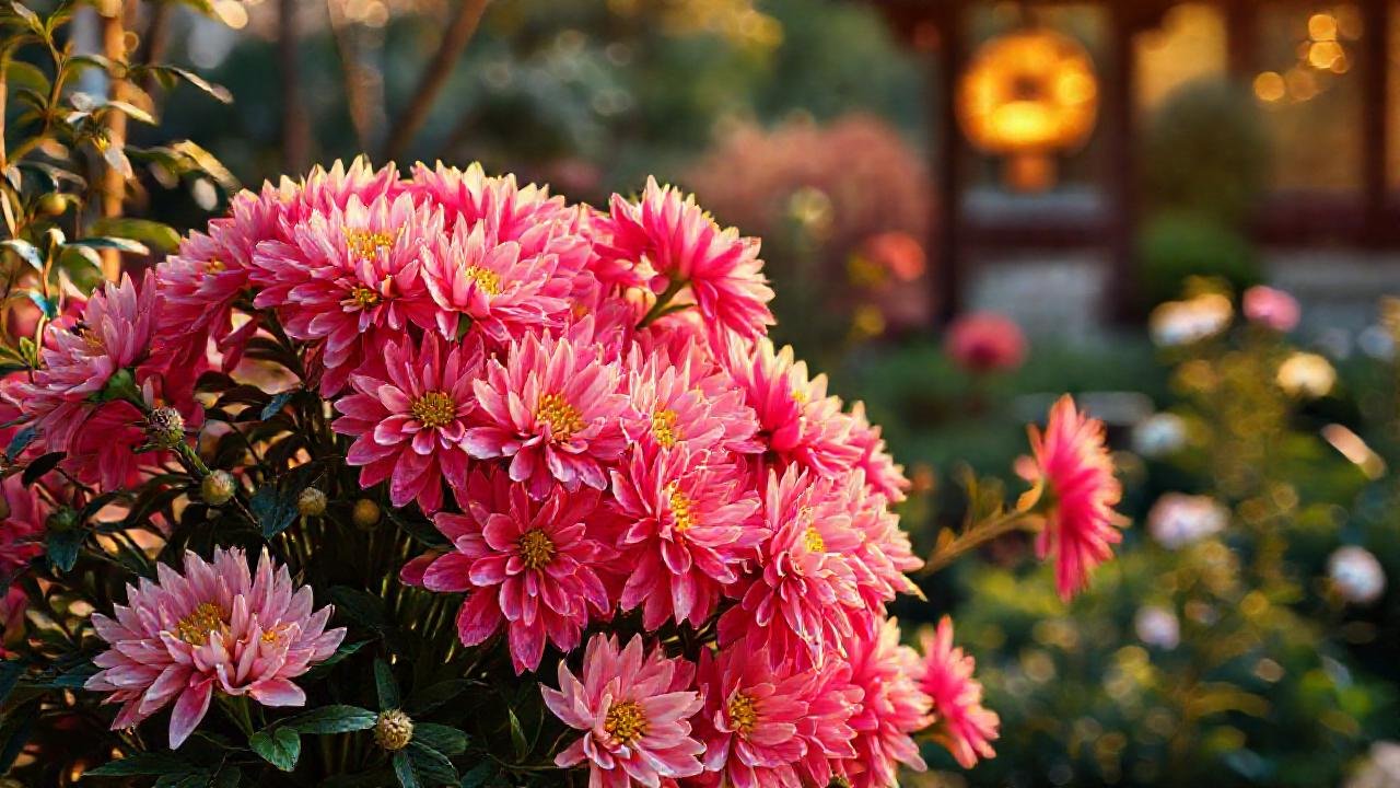 Un arreglo floral chino sereno y dorado