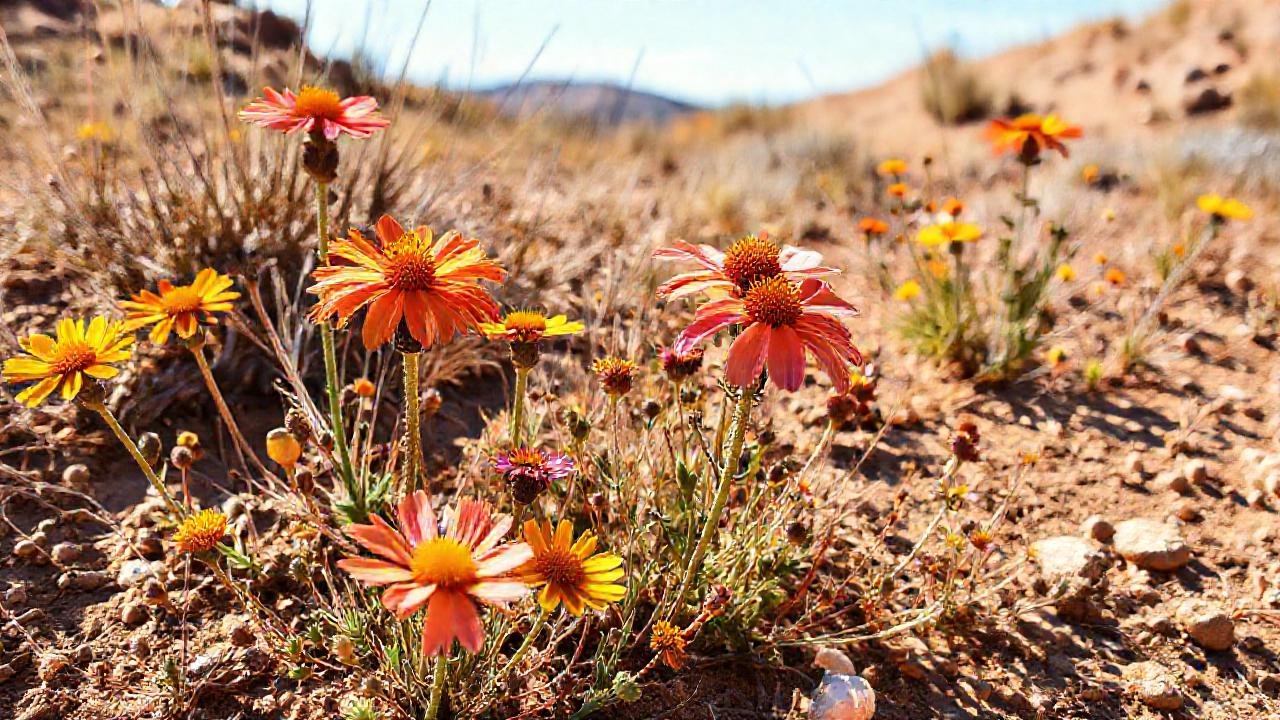 Flores otoñales vibrantes en árido suelo