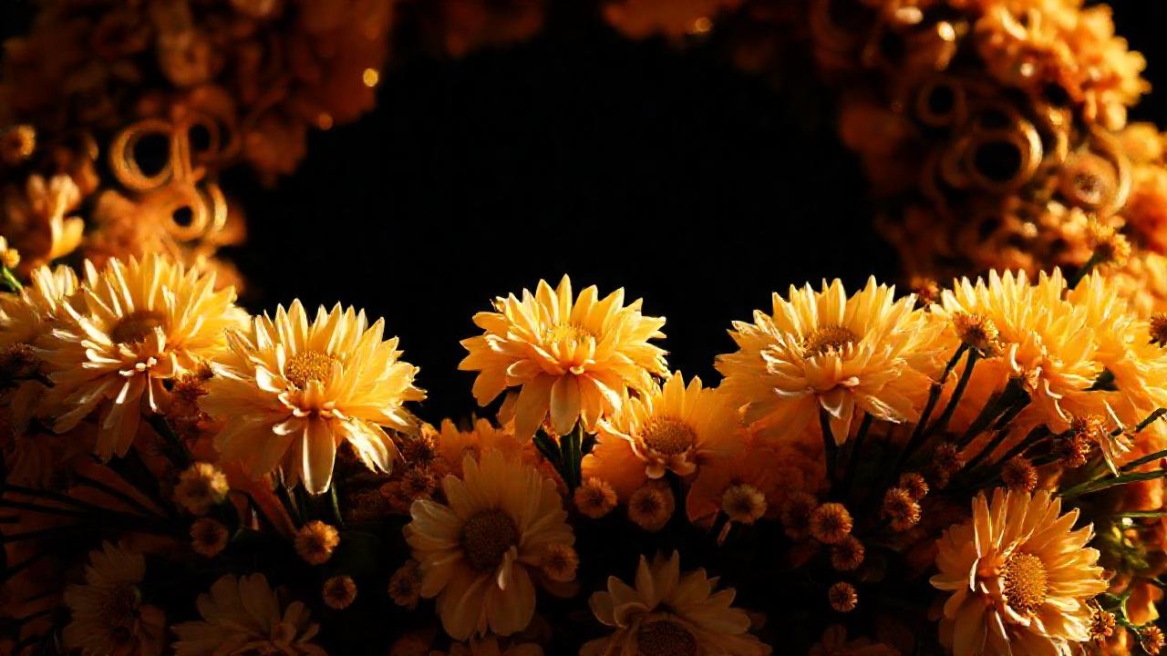 Un elaborado ramo de crisantemos, elegante y oscuro