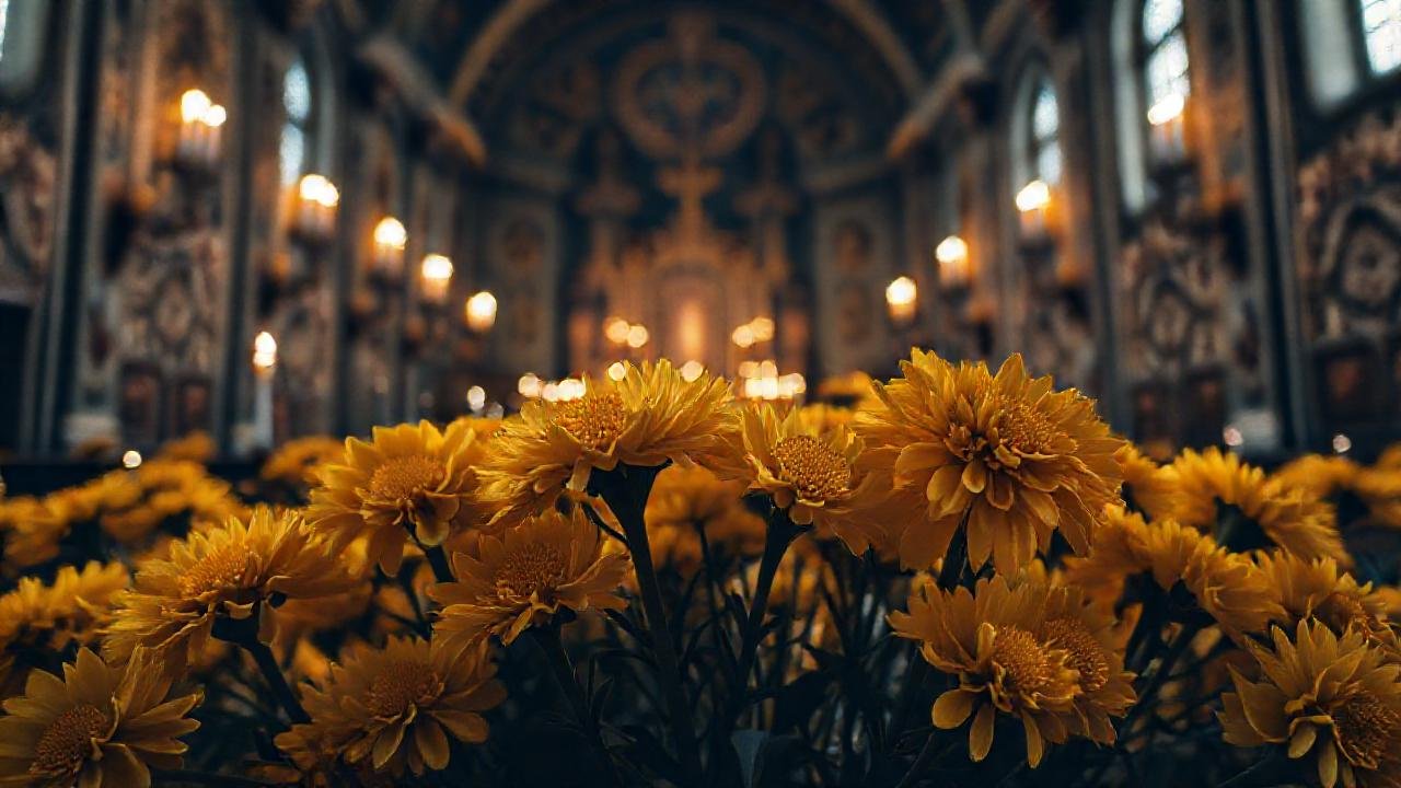 Crisantemos dorados evocan solemnidad y devoción