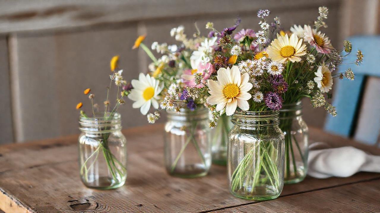 Una mesa rústica y flores acogedoras