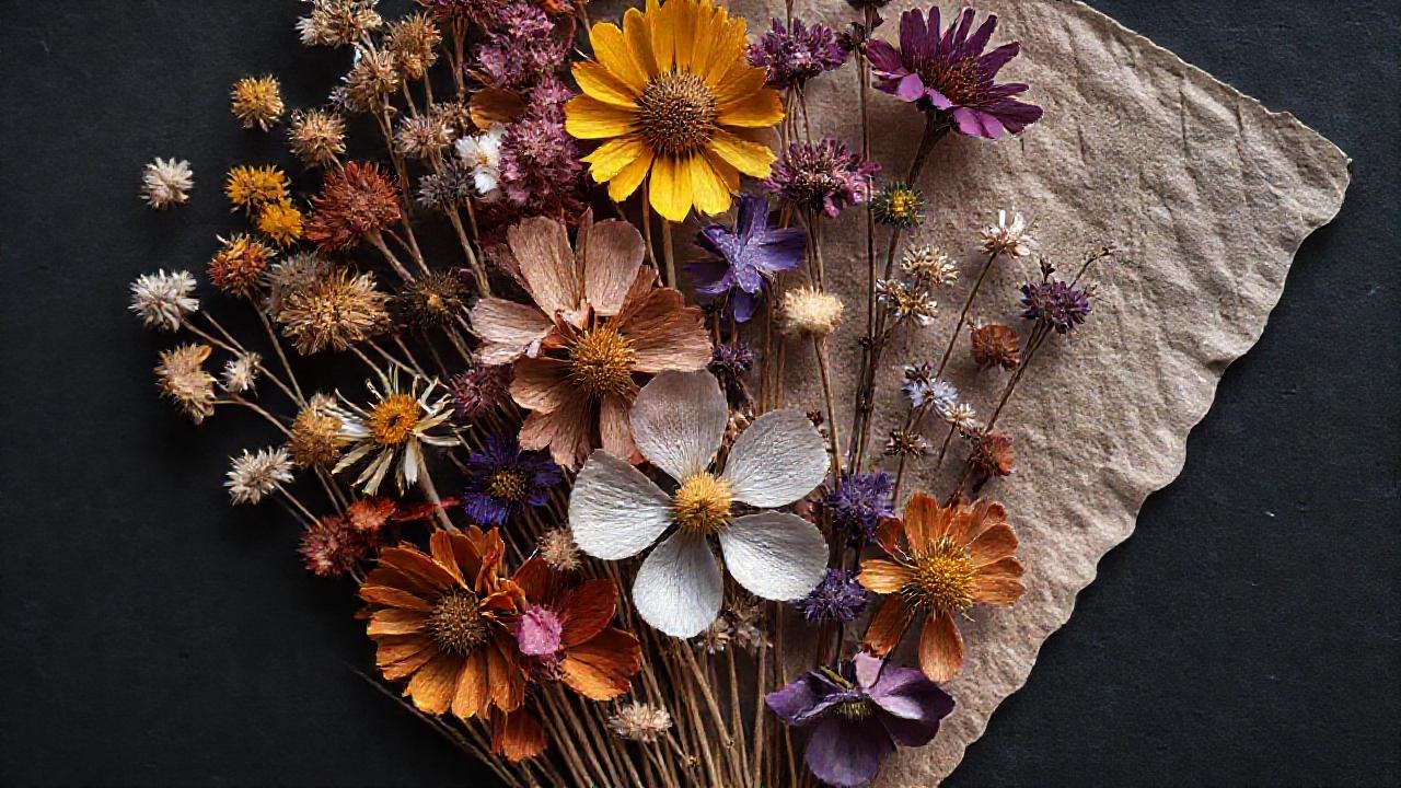 Flores secas danzan elegantemente en papel