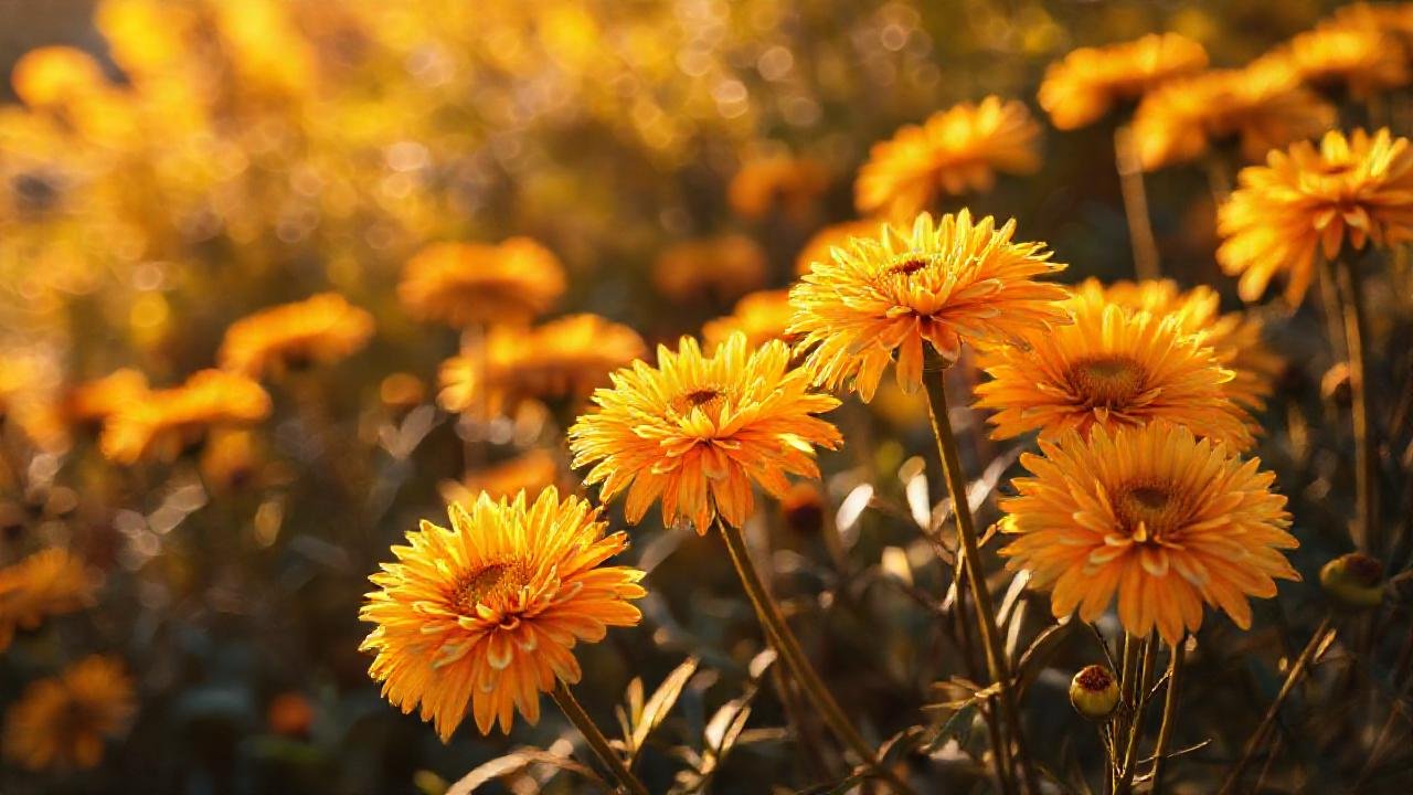 Crisantemos dorados iluminan jardín sereno