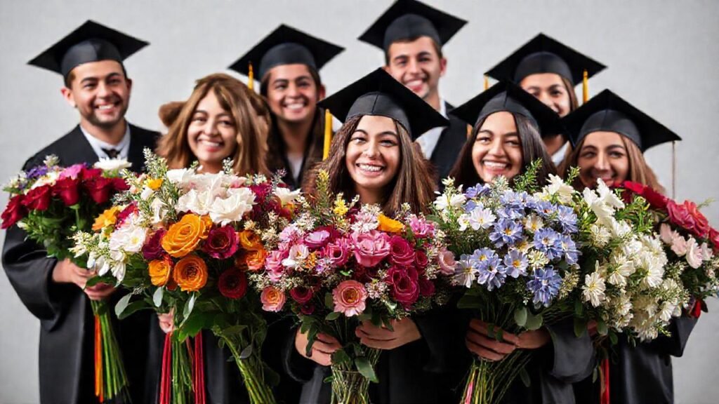 Graduados felices con ramos coloridos
