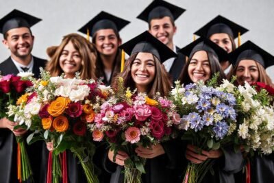 Graduados felices con ramos coloridos