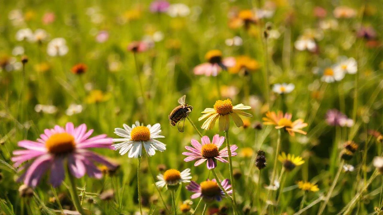 Prado soleado, flores vibrantes y belleza natural
