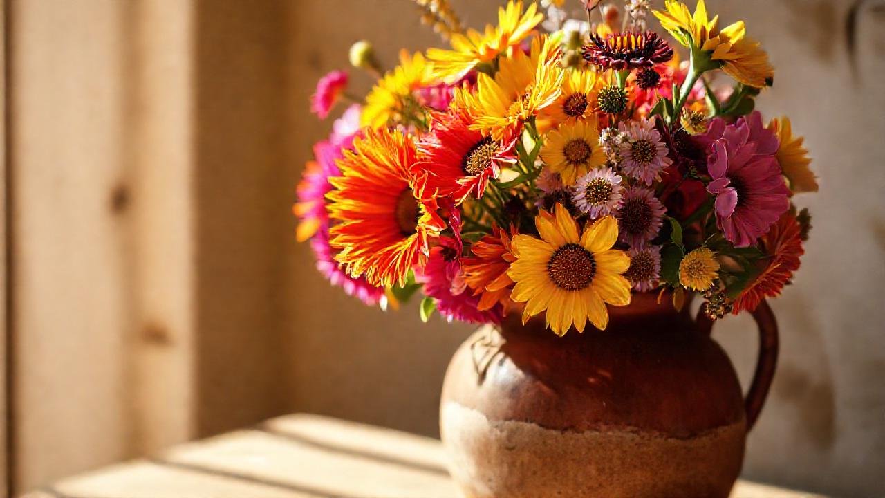 Un jarrón cerámico muestra flores vibrantes
